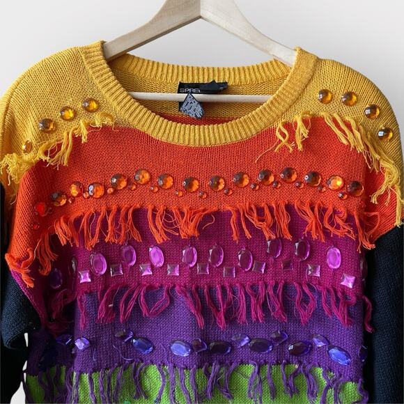 Vintage Spree International Sweater 1990’s Rainbow Bejeweled Tassels Large - Picture 2 of 5